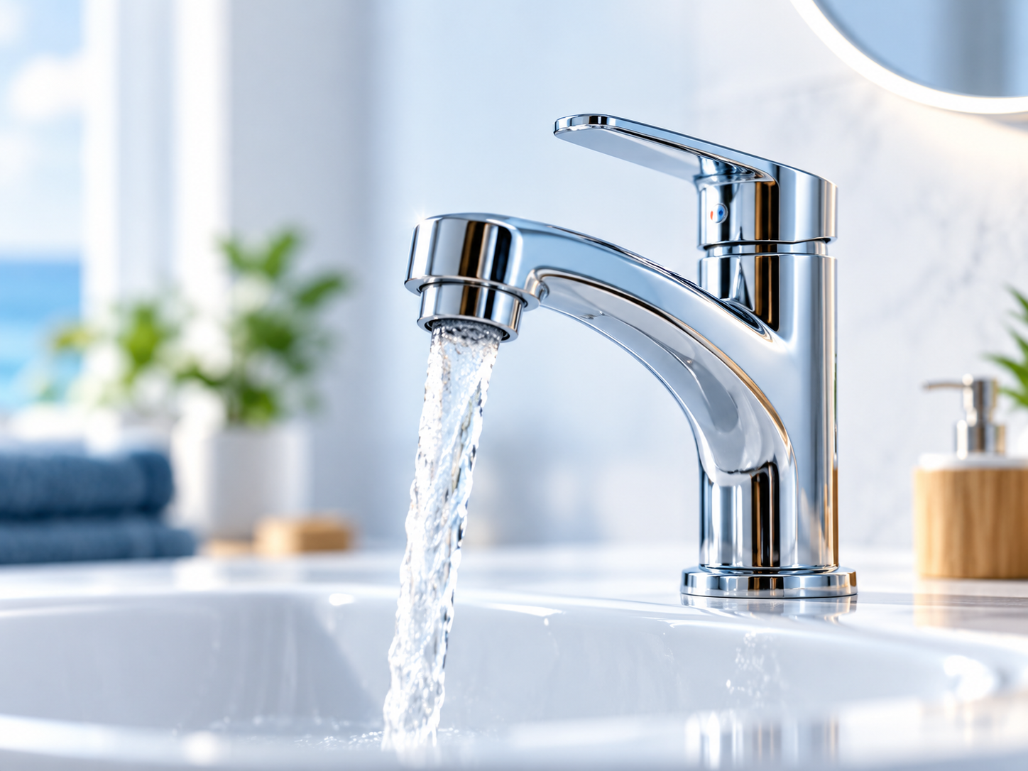 Robinet chromé avec eau courante dans une salle de bain