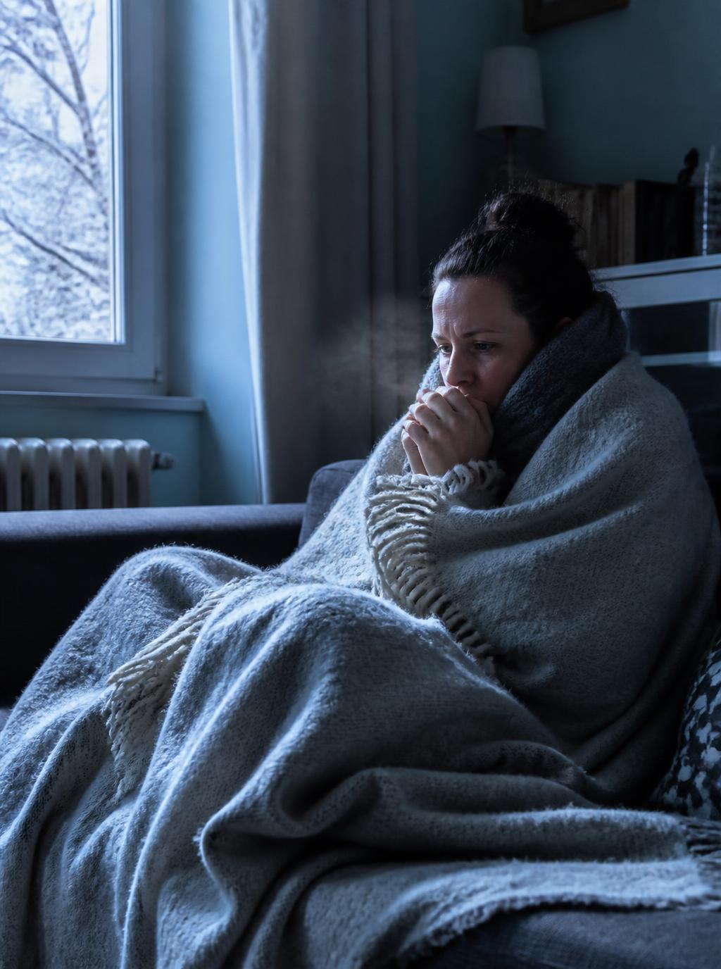 Personne frigorifiée chez elle, emmitouflée dans des couvertures à cause du froid dans la maison