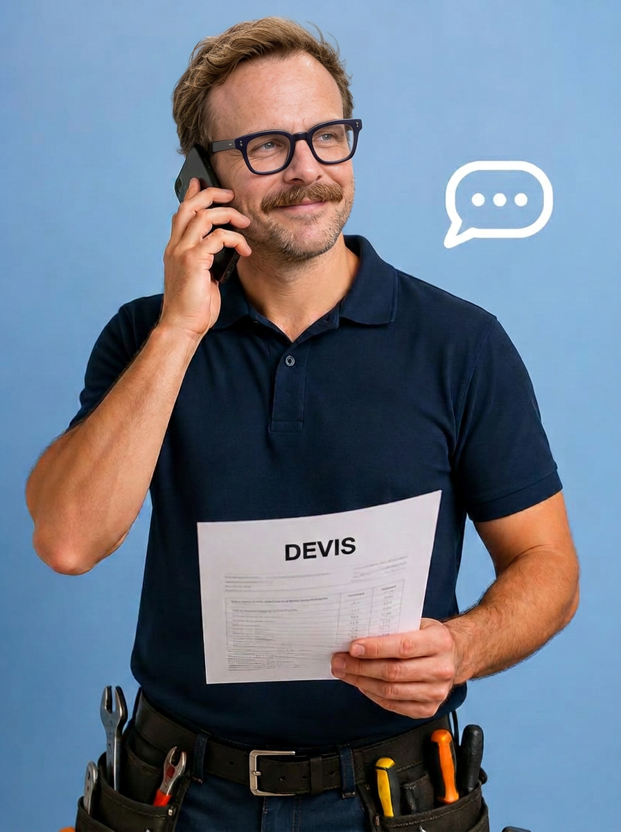 Artisan souriant au téléphone avec une bulle de dialogue et un document de devis