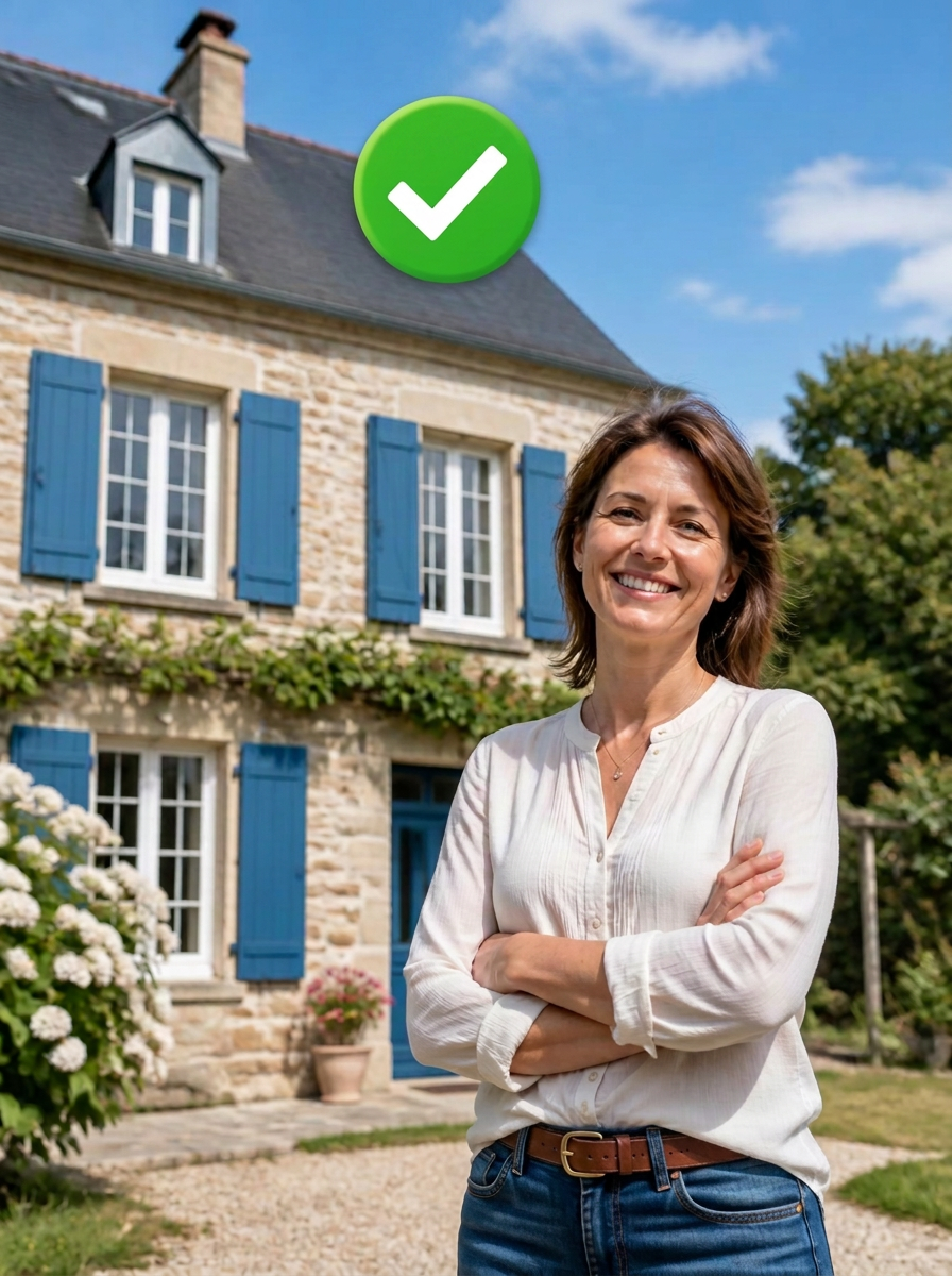 Cliente souriante devant sa maison avec une coche verte de validation