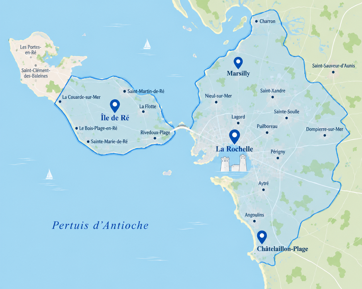 Carte de la zone d'intervention des Artisans du Perthuis : La Rochelle, Île de Ré, Châtelaillon-Plage, Charron, Saint-Sauveur-d'Aunis et alentours